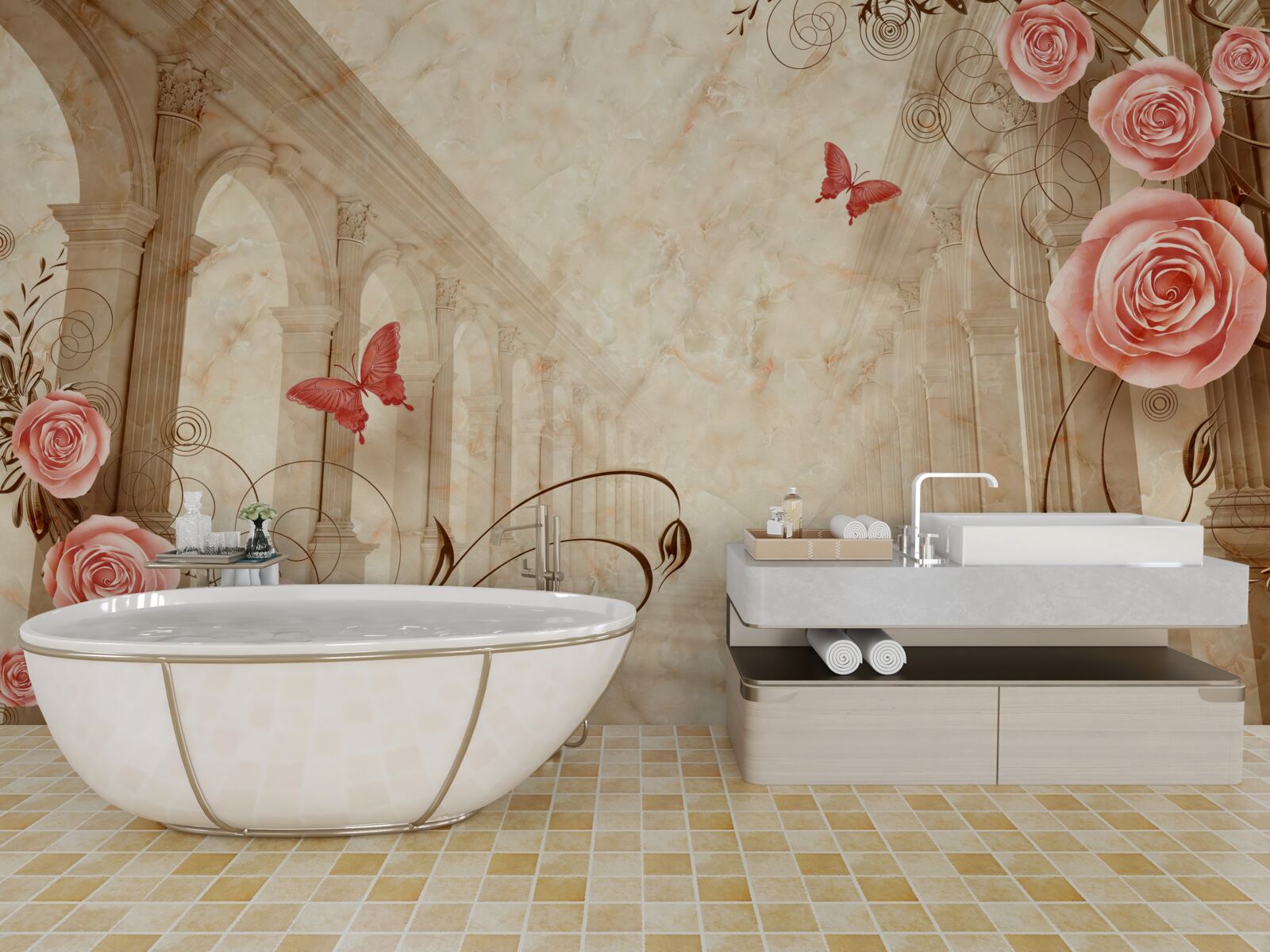 Fototapeta w tle łuków znajdują się motyle i różowe róże