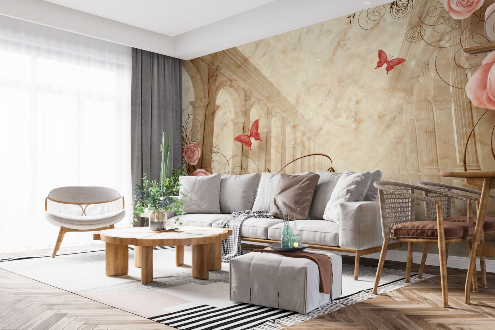 Fototapeta w tle łuków znajdują się motyle i różowe róże