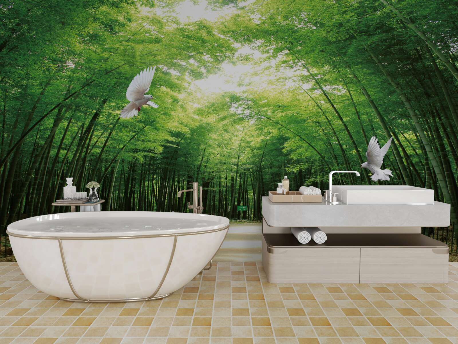 Fototapeta wejdź do ogrodu botanicznego, zagospodarowanego i zamieszkanego przez gołębie