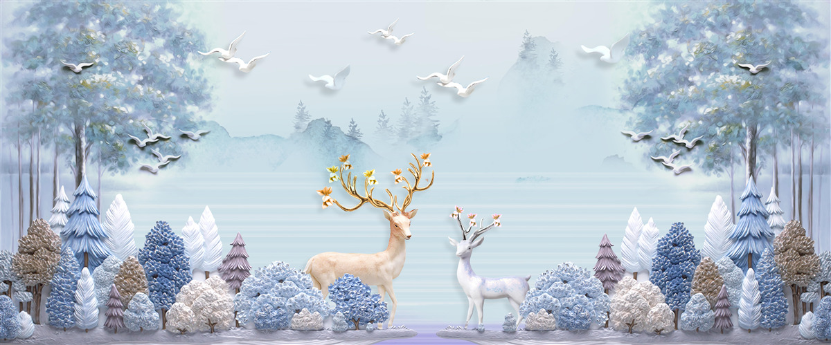 Fototapeta pomiędzy drzewami i górami jelenie są na pastwisku