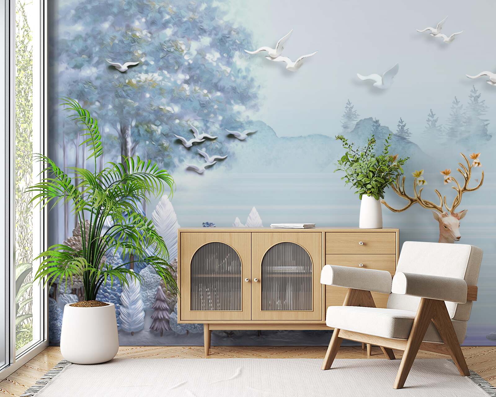 Fototapeta pomiędzy drzewami i górami jelenie są na pastwisku