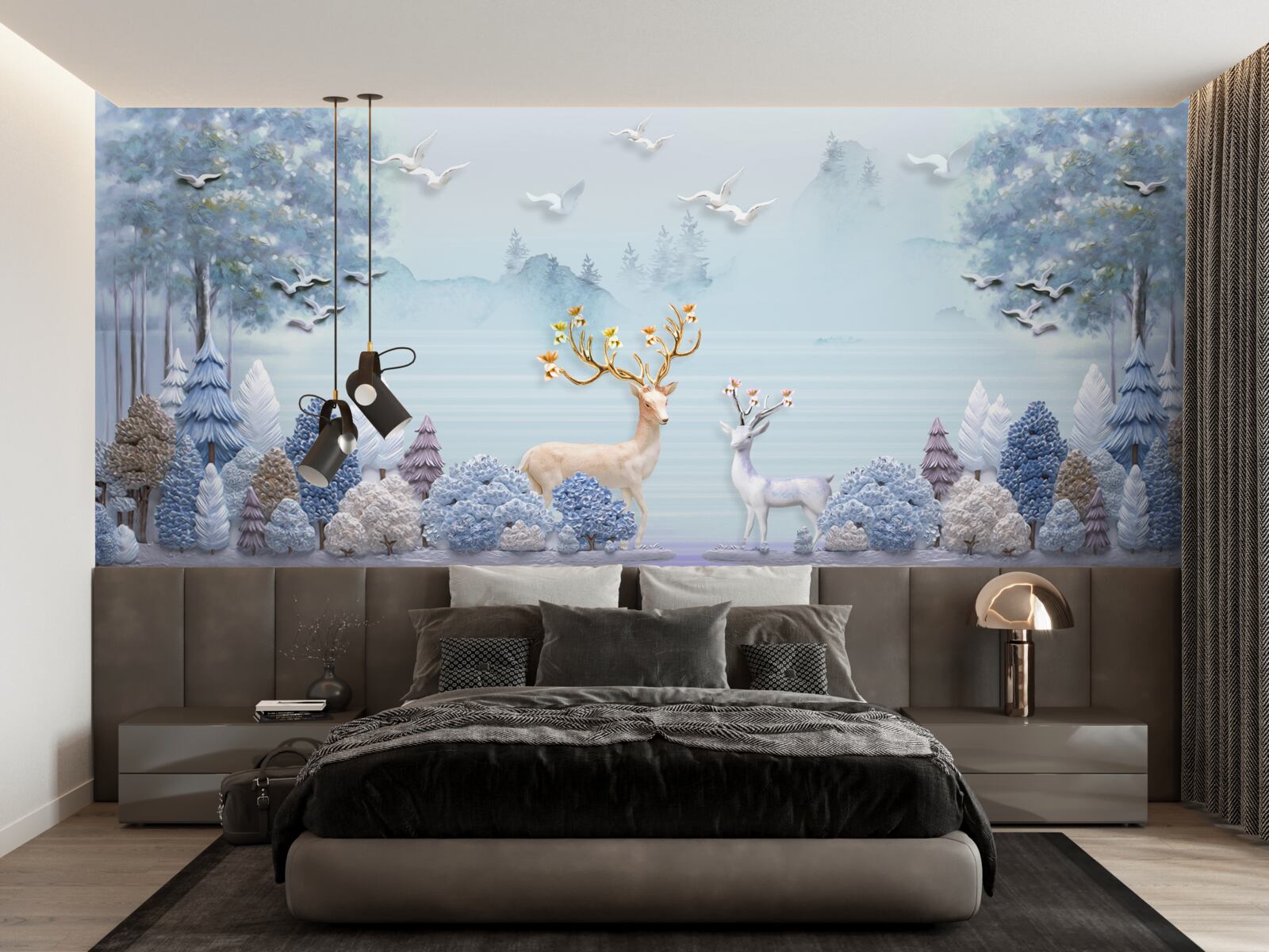 Fototapeta pomiędzy drzewami i górami jelenie są na pastwisku