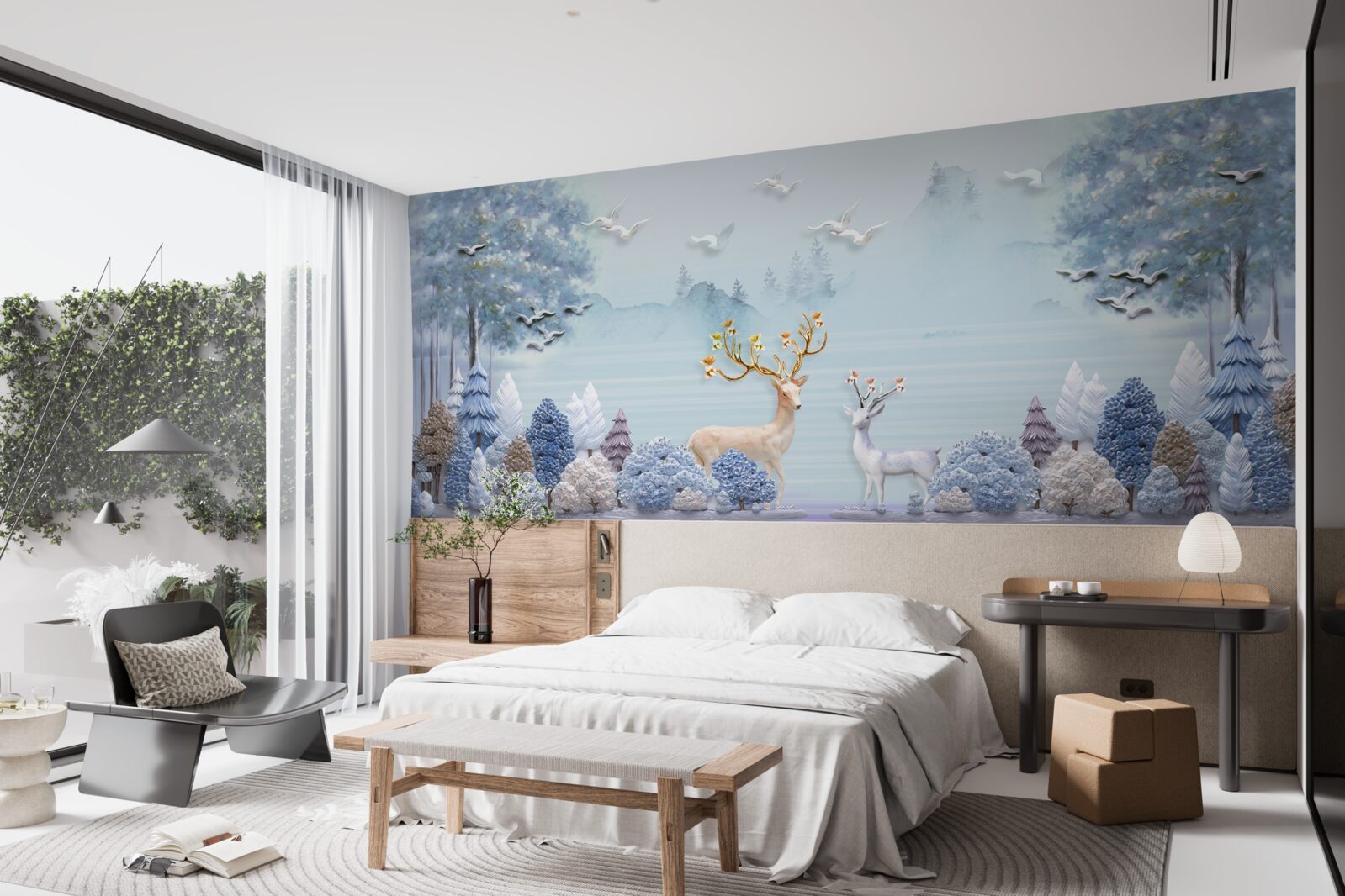 Fototapeta pomiędzy drzewami i górami jelenie są na pastwisku