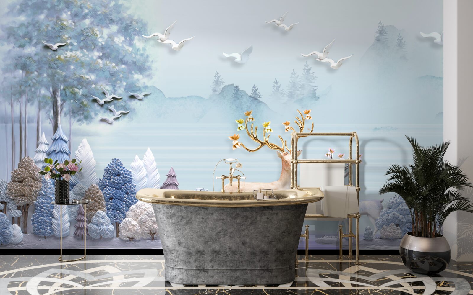 Fototapeta pomiędzy drzewami i górami jelenie są na pastwisku