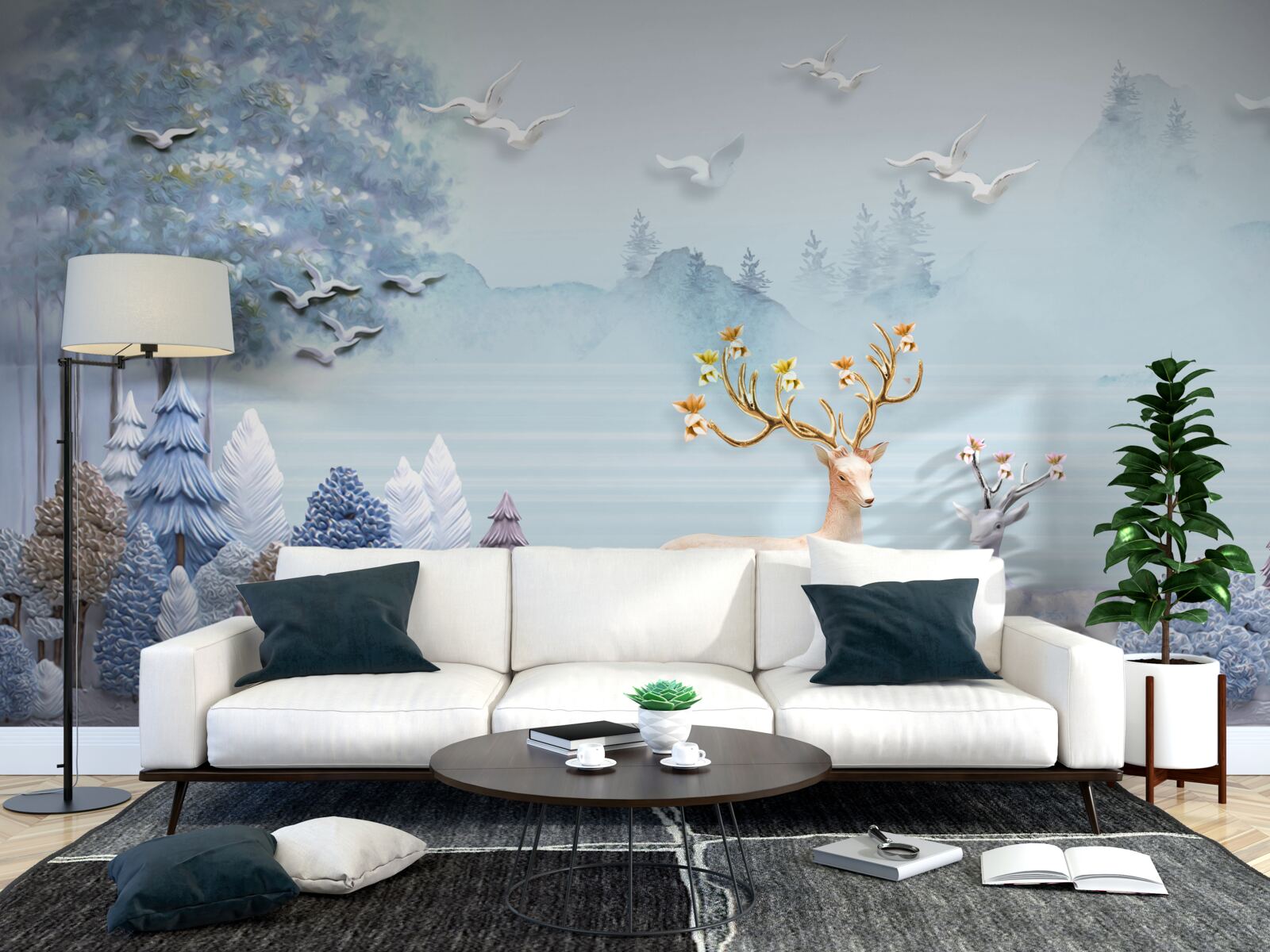 Fototapeta pomiędzy drzewami i górami jelenie są na pastwisku