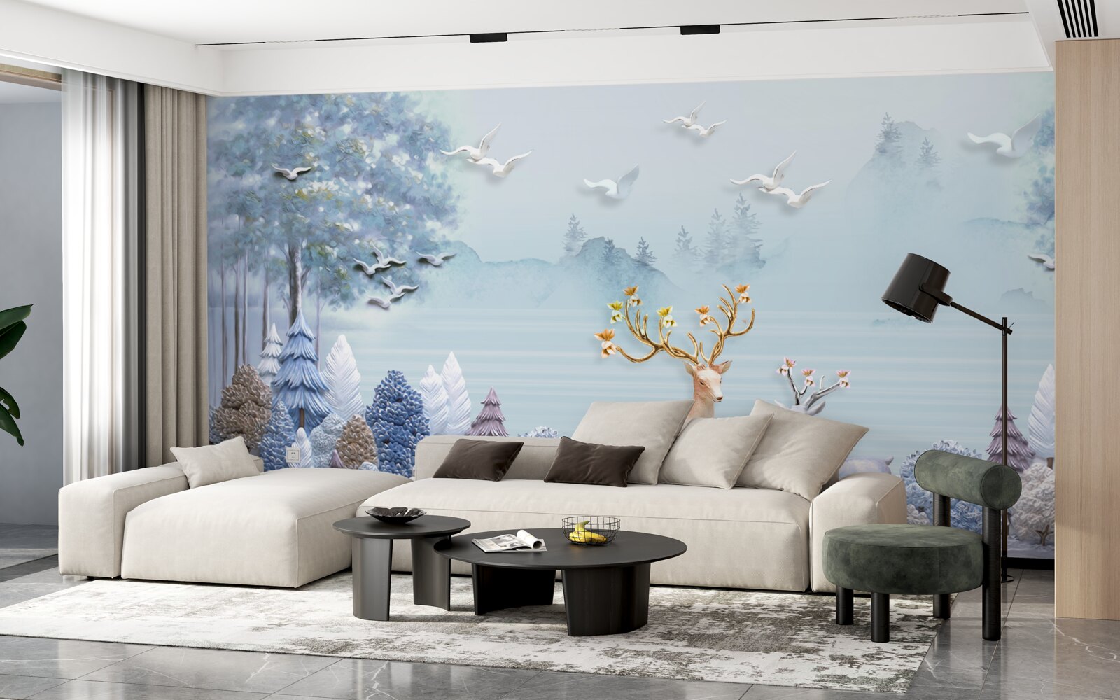 Fototapeta pomiędzy drzewami i górami jelenie są na pastwisku