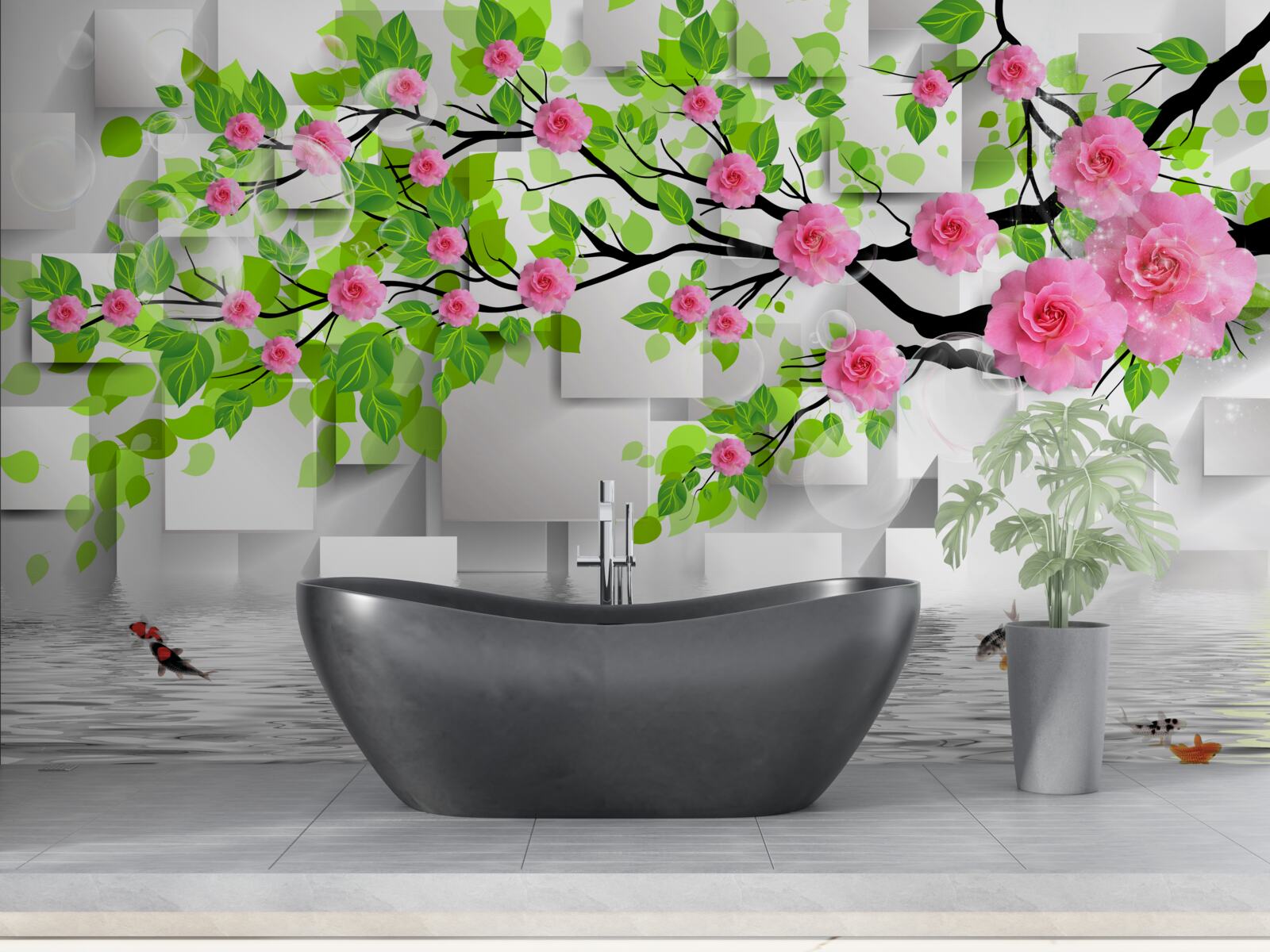 Fototapeta różowe róże kwitnące na gałęzi