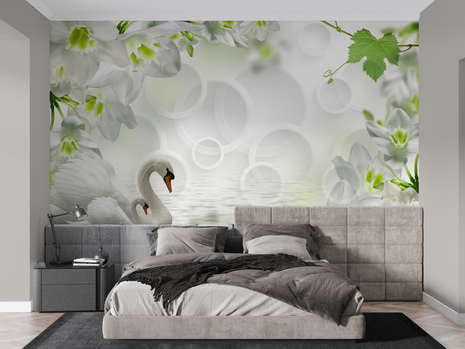 Fototapeta białe kwiaty na jeziorze wśród łabędzi