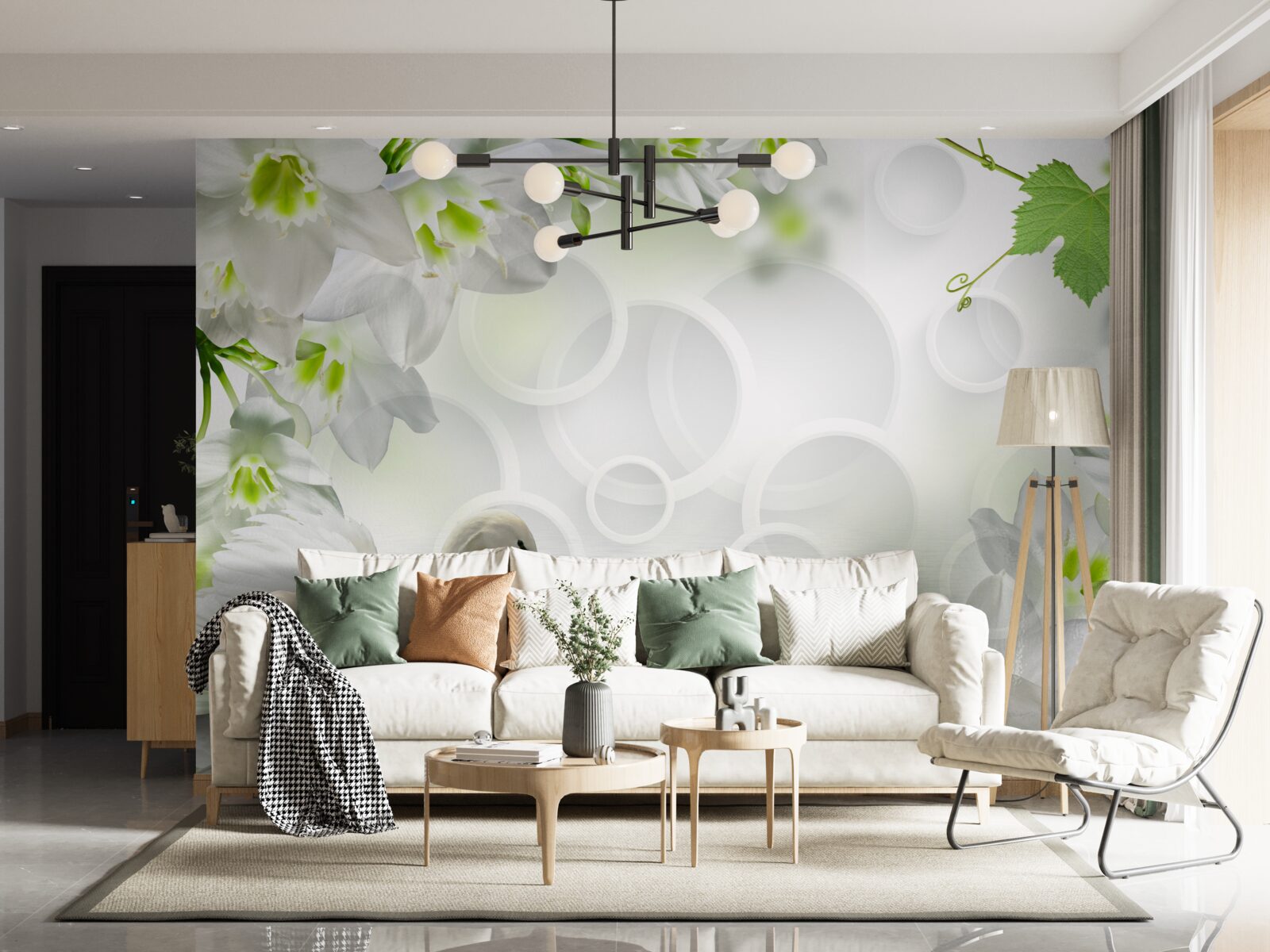 Fototapeta białe kwiaty na jeziorze wśród łabędzi