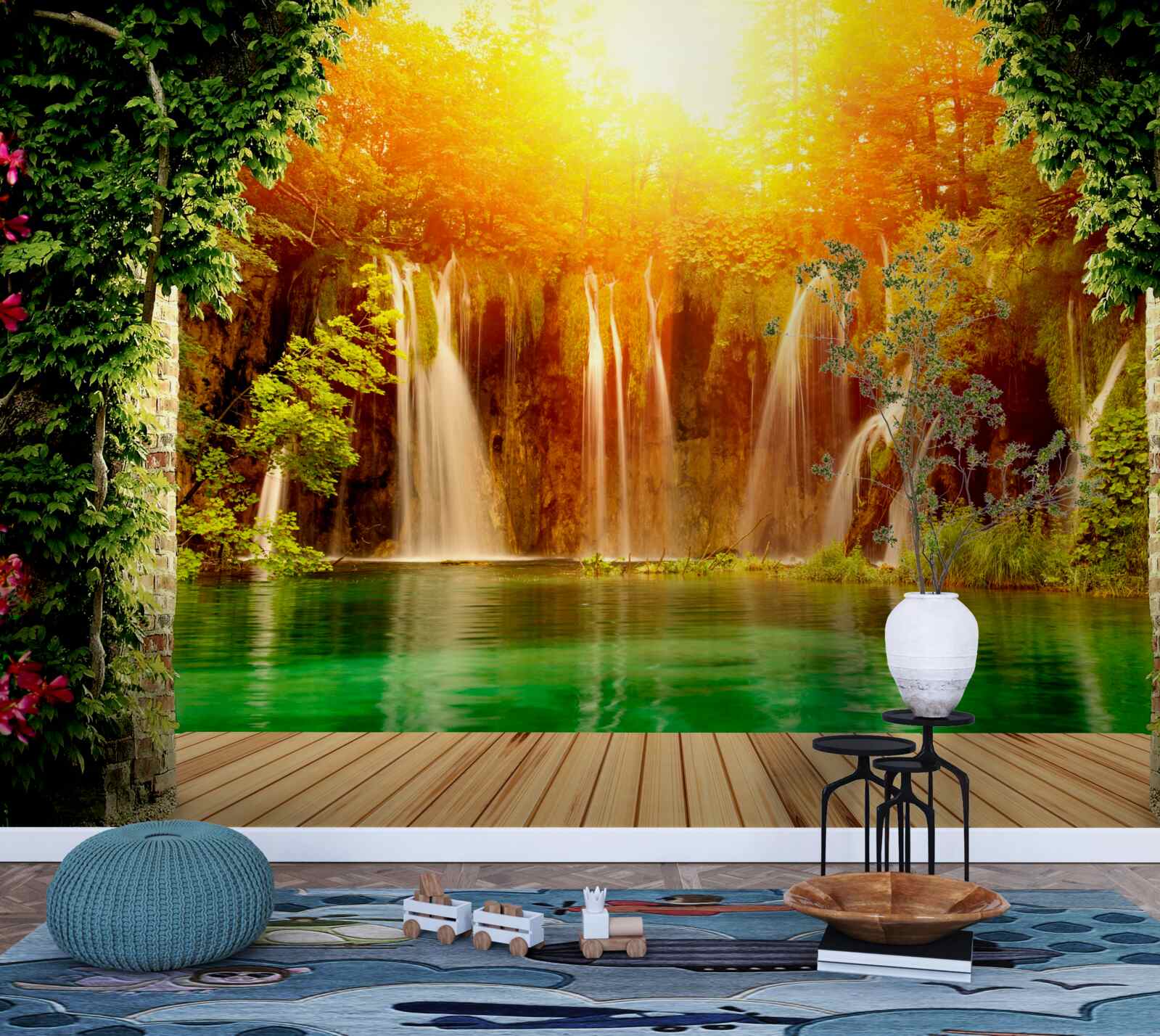 Fototapeta niesamowity zachód słońca w pobliżu spadającego wodospadu