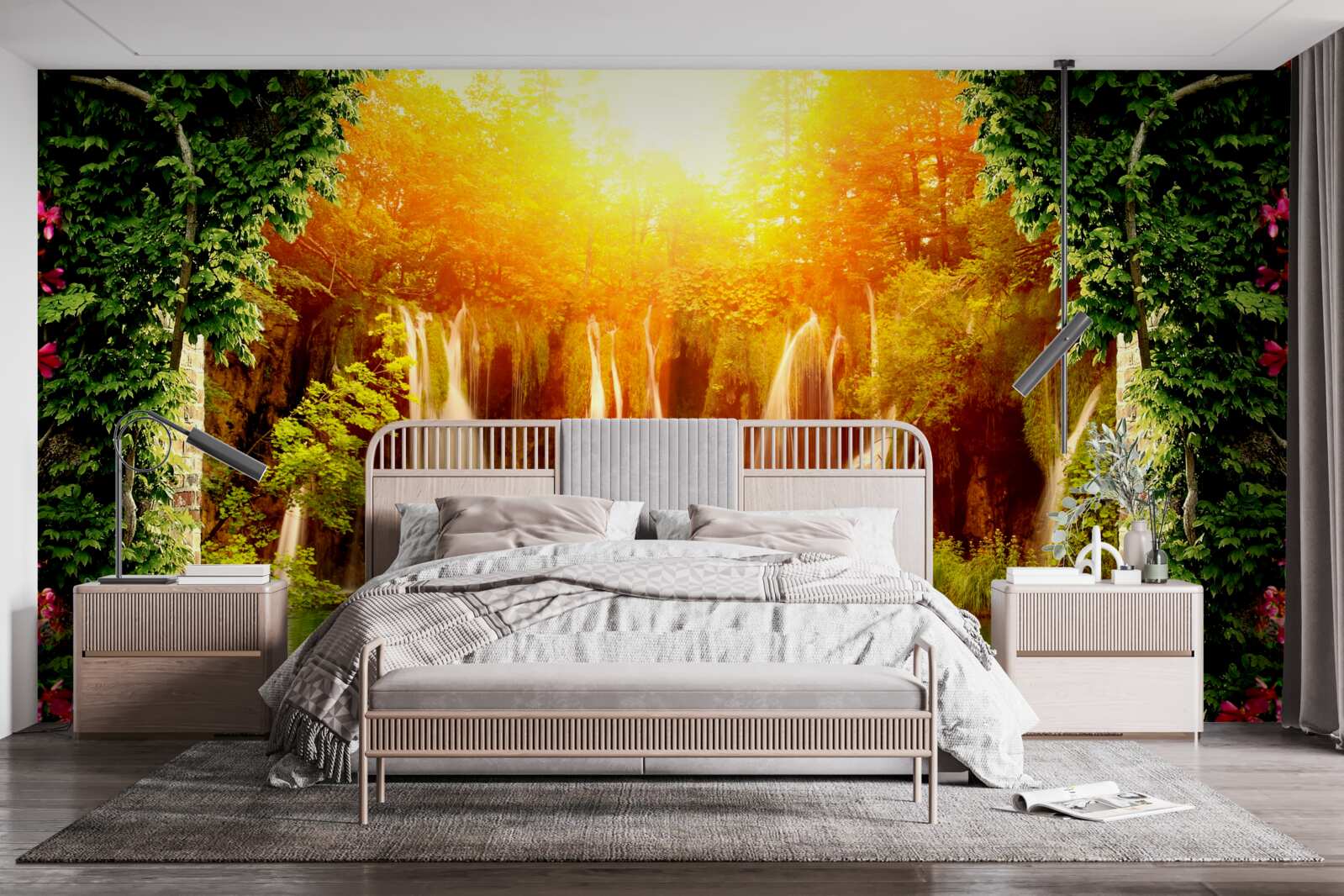 Fototapeta niesamowity zachód słońca w pobliżu spadającego wodospadu