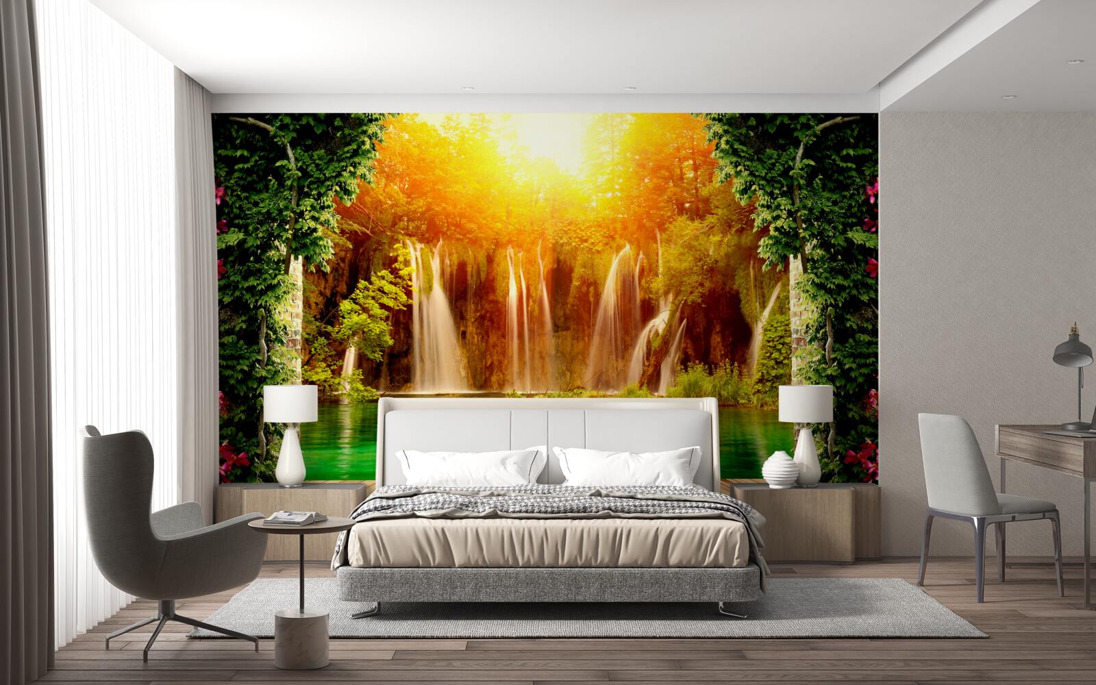 Fototapeta niesamowity zachód słońca w pobliżu spadającego wodospadu