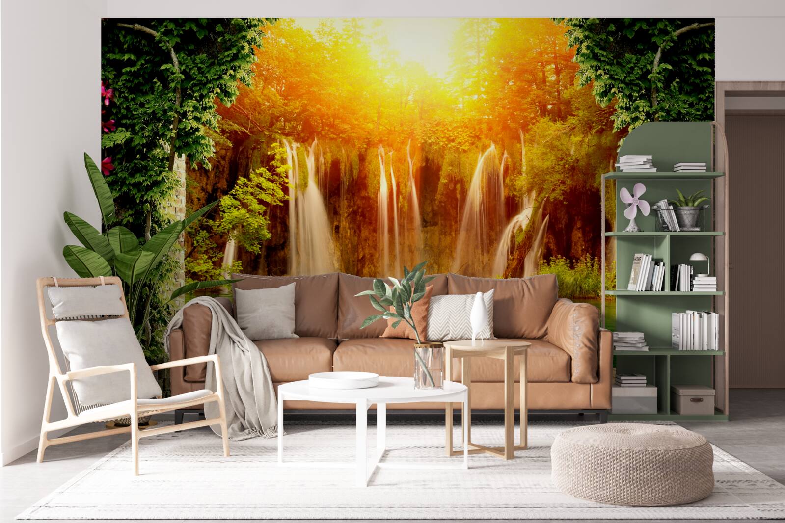 Fototapeta niesamowity zachód słońca w pobliżu spadającego wodospadu