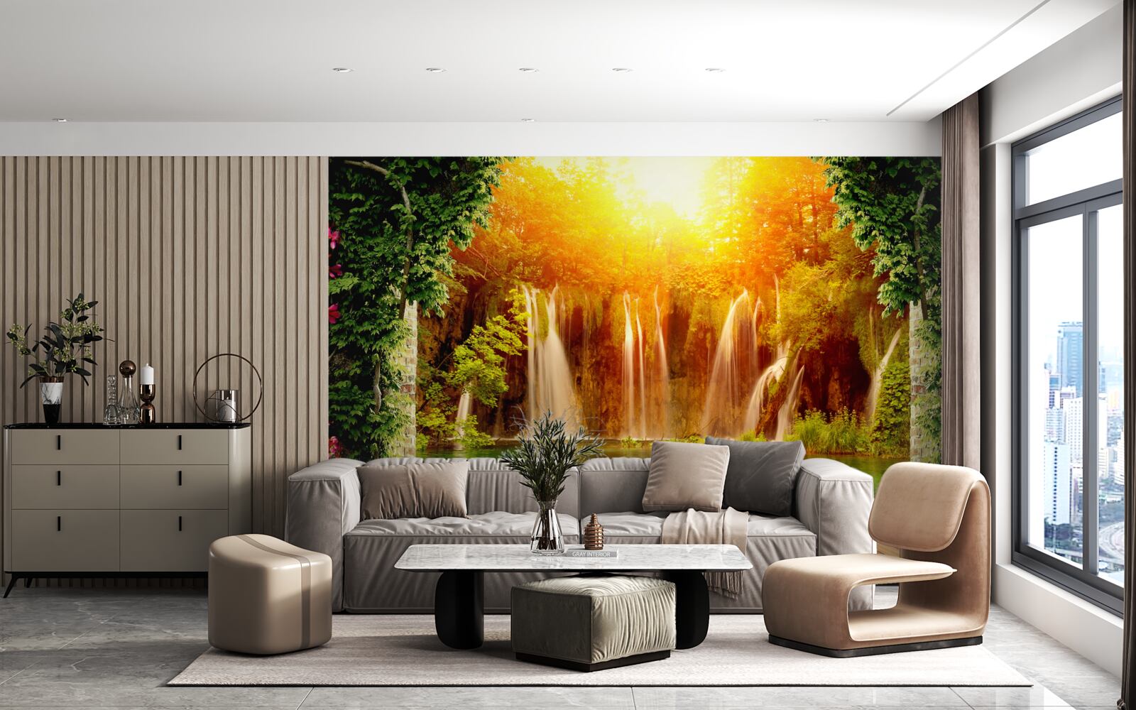 Fototapeta niesamowity zachód słońca w pobliżu spadającego wodospadu