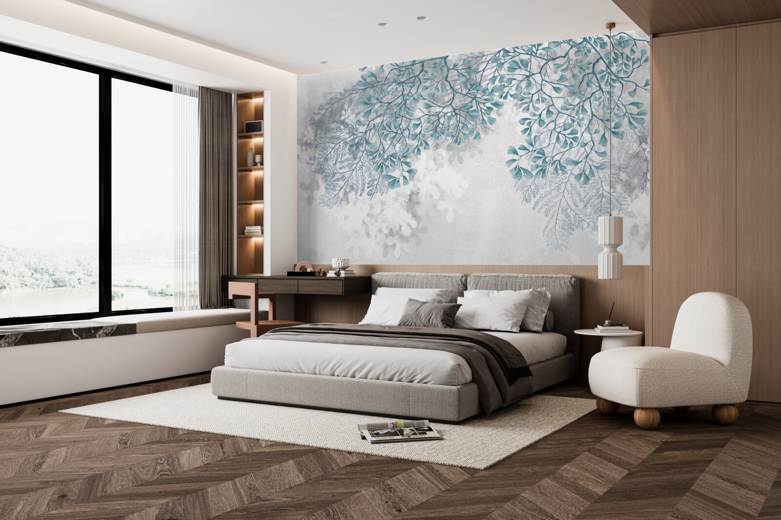 Fototapeta na jasnym tle widoczne są gałęzie z turkusowymi liśćmi