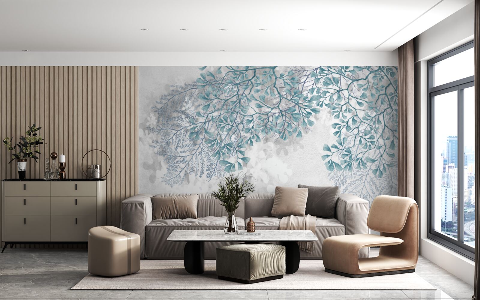 Fototapeta na jasnym tle widoczne są gałęzie z turkusowymi liśćmi