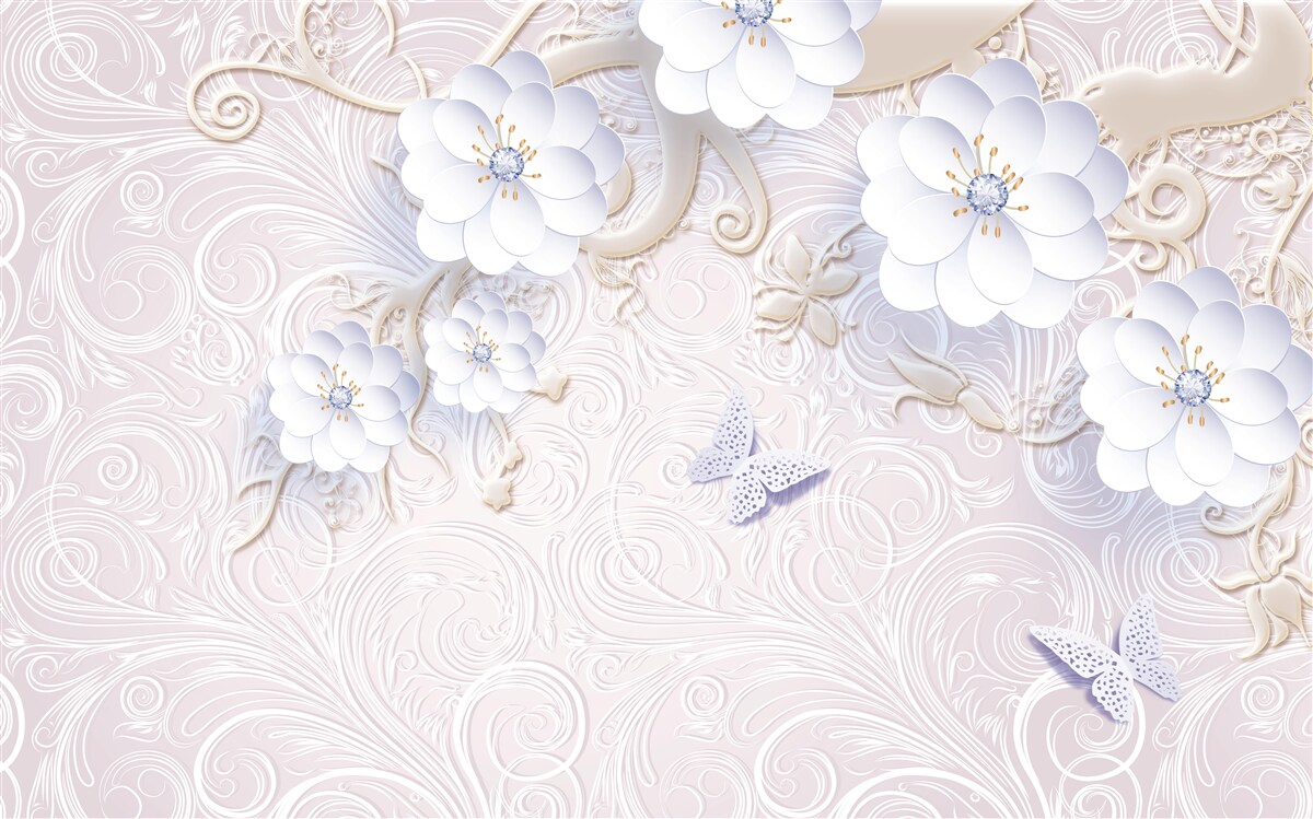 Fototapeta w powietrzu unoszą się śnieżnobiałe kwiaty i motyle