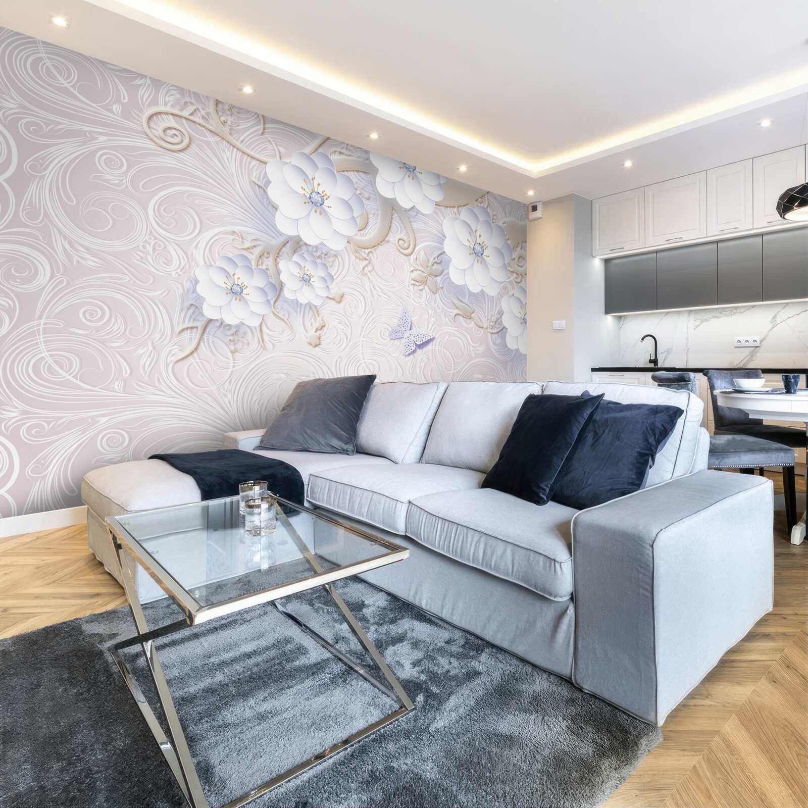 Fototapeta w powietrzu unoszą się śnieżnobiałe kwiaty i motyle