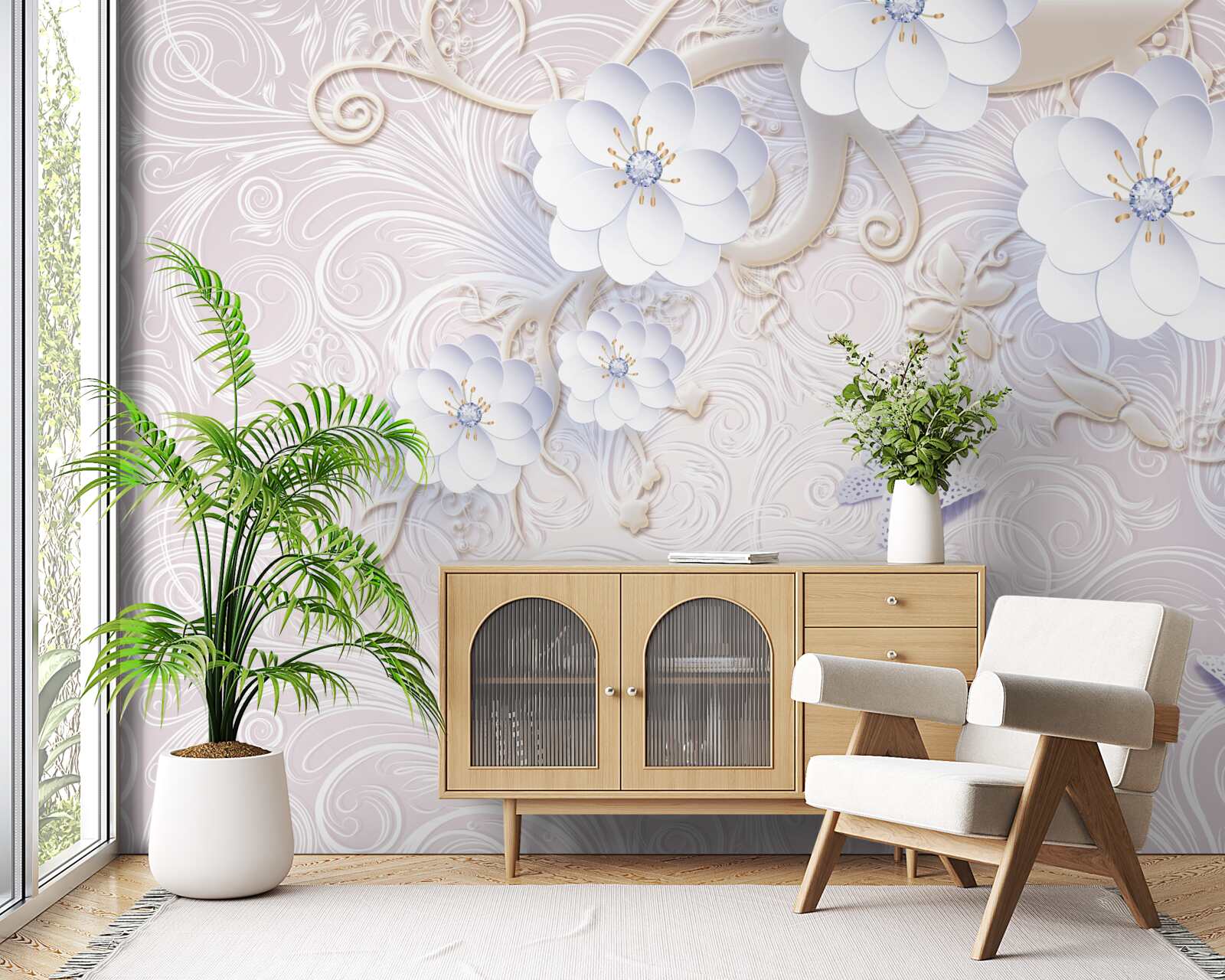 Fototapeta w powietrzu unoszą się śnieżnobiałe kwiaty i motyle