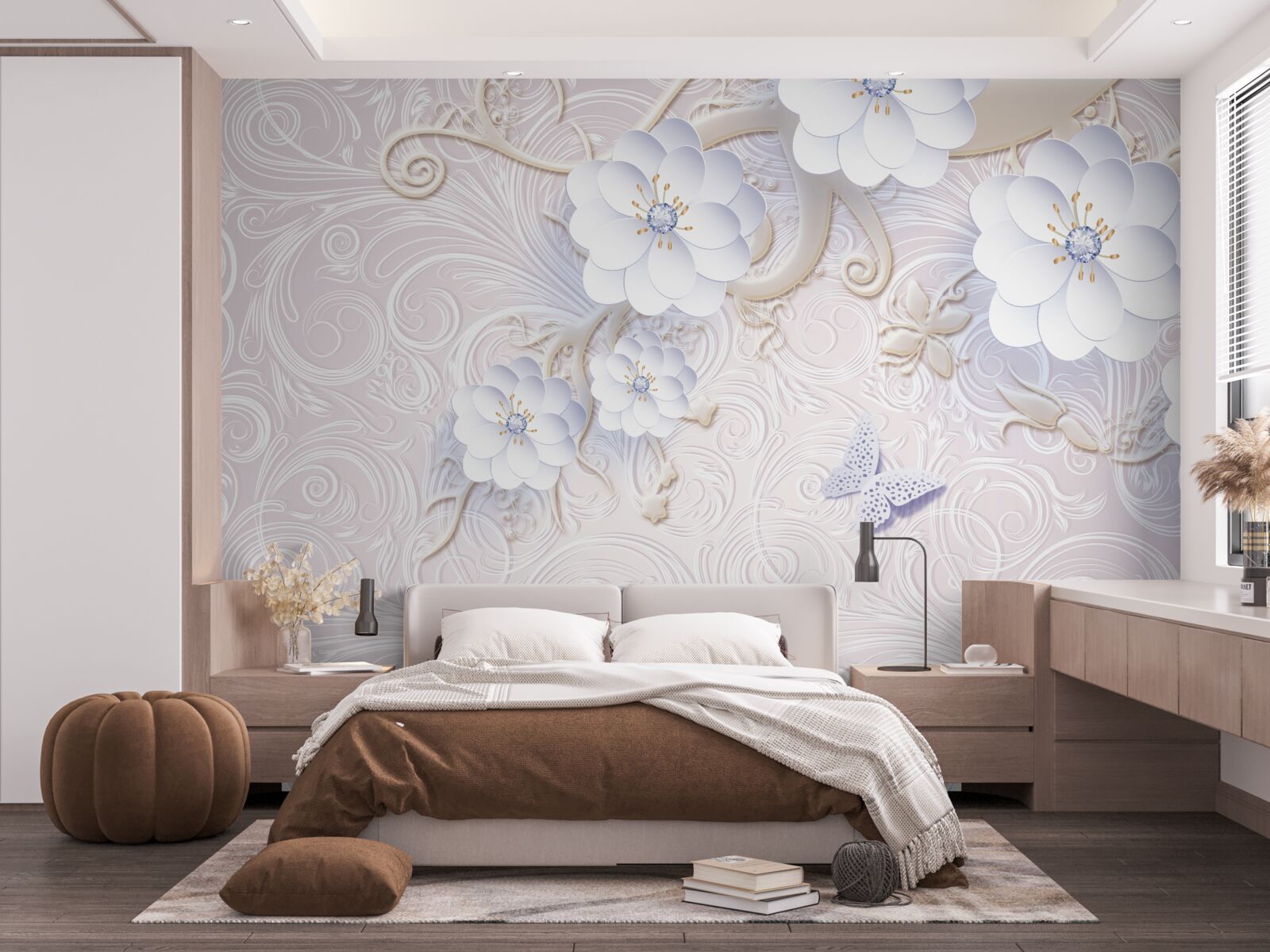 Fototapeta w powietrzu unoszą się śnieżnobiałe kwiaty i motyle