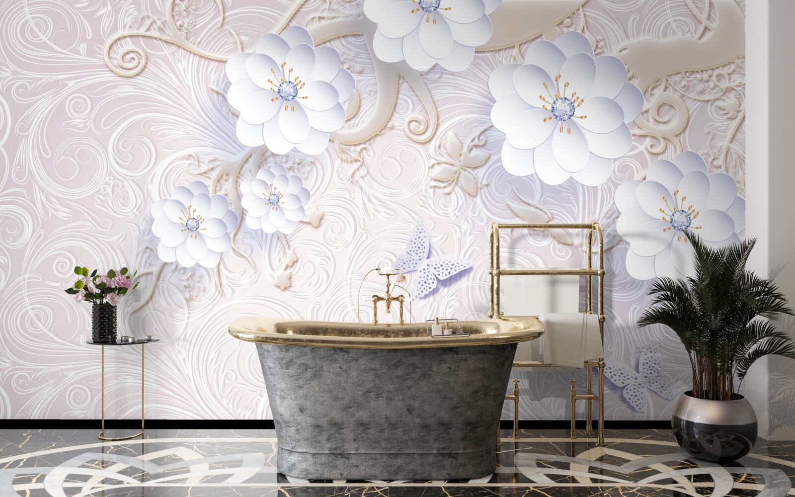 Fototapeta w powietrzu unoszą się śnieżnobiałe kwiaty i motyle