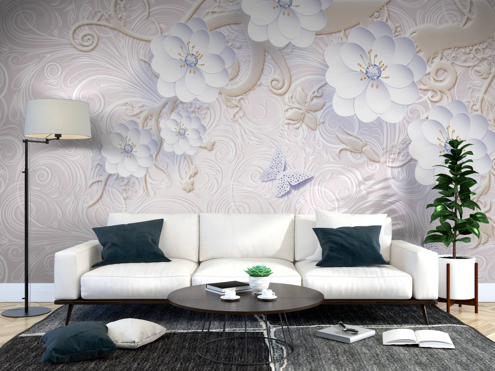 Fototapeta w powietrzu unoszą się śnieżnobiałe kwiaty i motyle