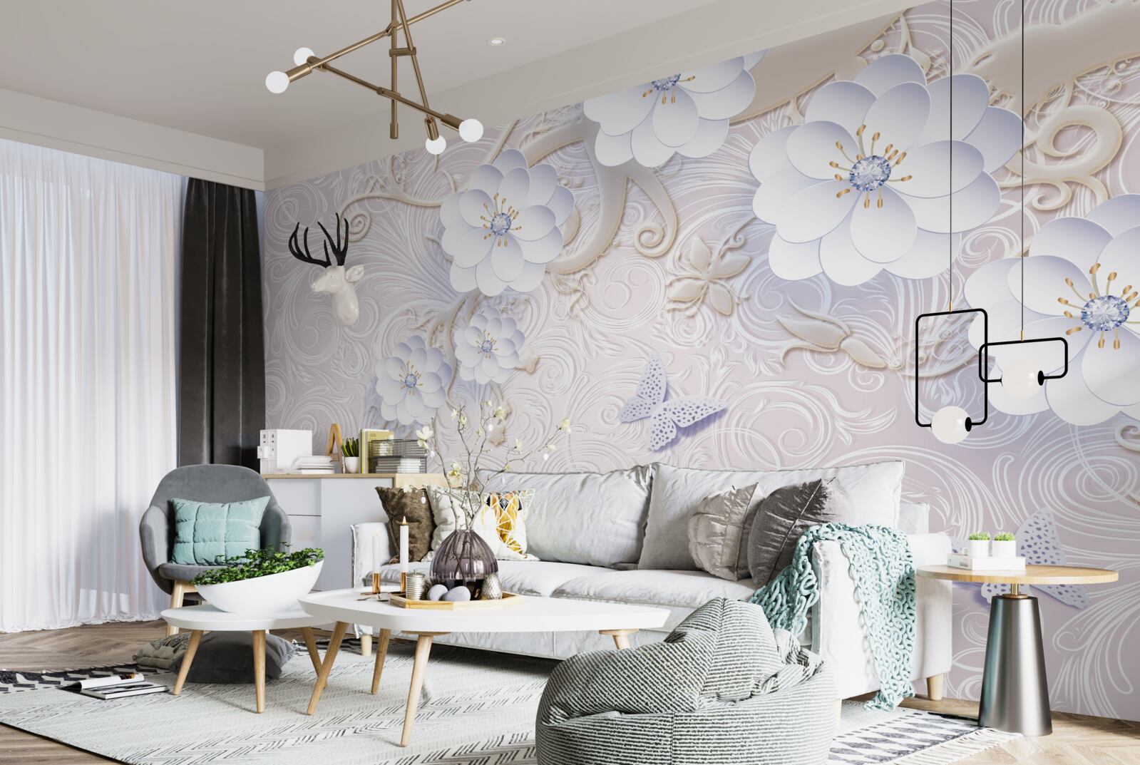 Fototapeta w powietrzu unoszą się śnieżnobiałe kwiaty i motyle