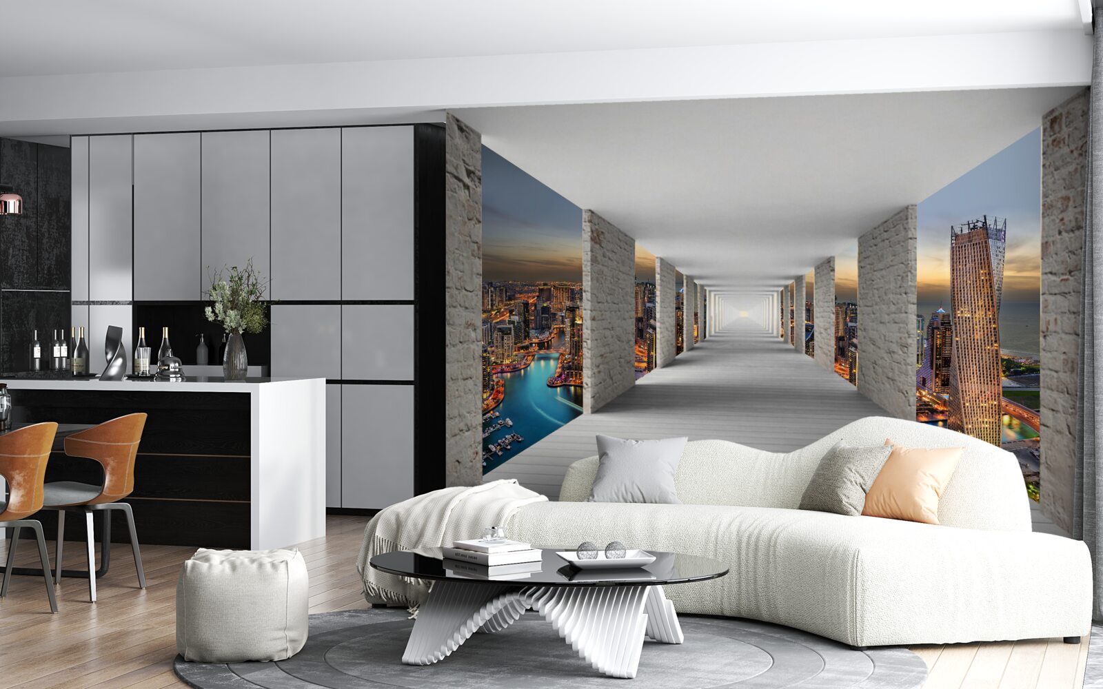 Fototapeta galeria 3d nad budynkami miasta