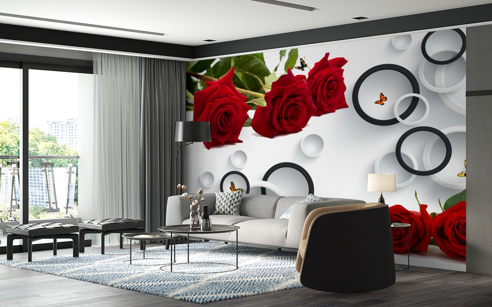 Fototapeta koła i róże w czerwonym odcieniu