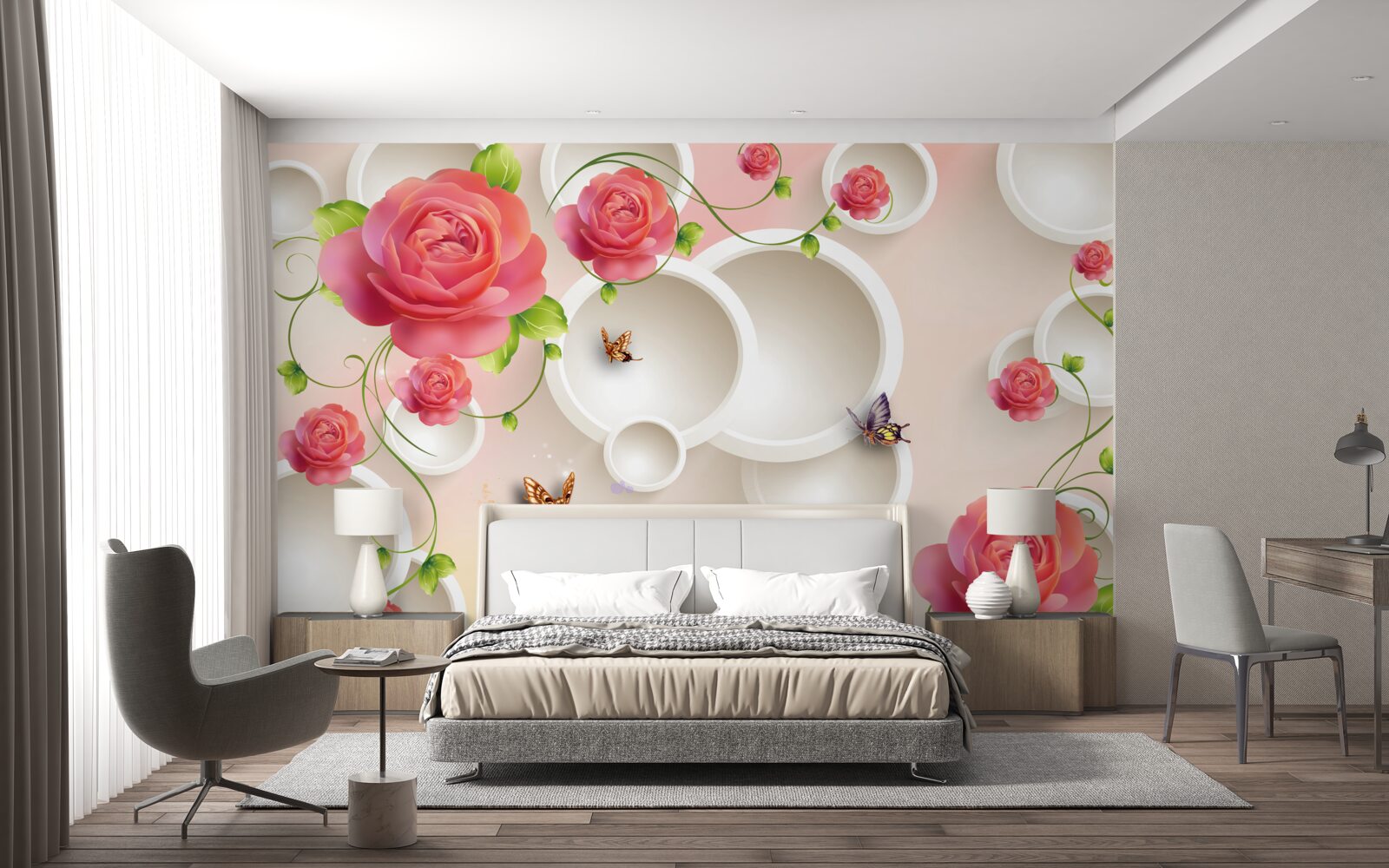 Fototapeta motyle unoszące się w powietrzu i szkarłatne róże