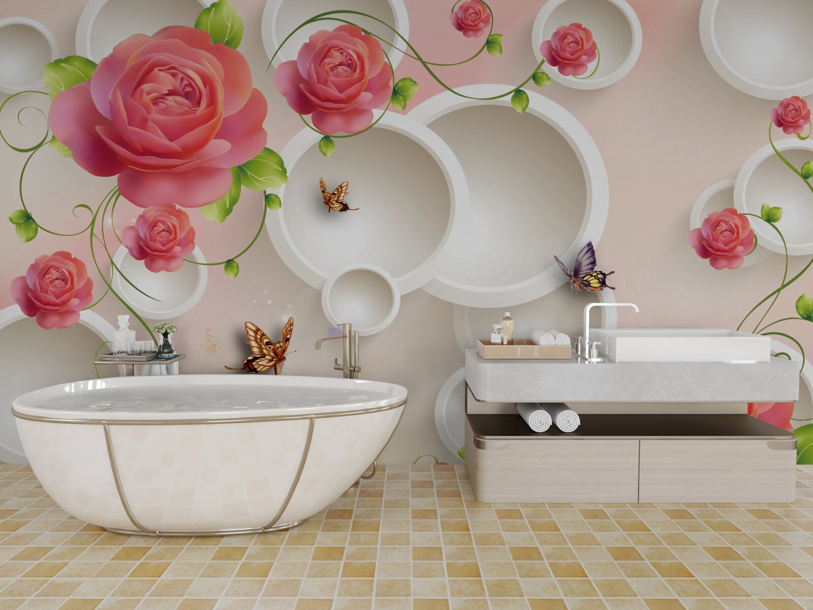 Fototapeta motyle unoszące się w powietrzu i szkarłatne róże