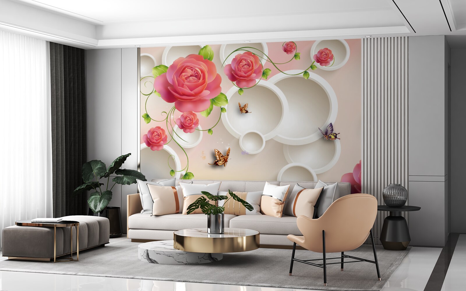 Fototapeta motyle unoszące się w powietrzu i szkarłatne róże