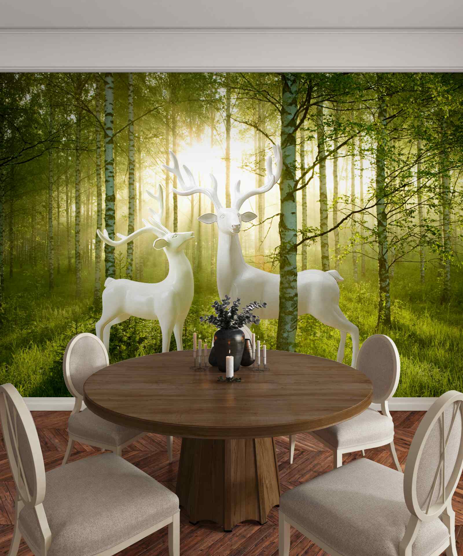 Fototapeta biały jeleń w zielonkawym lesie