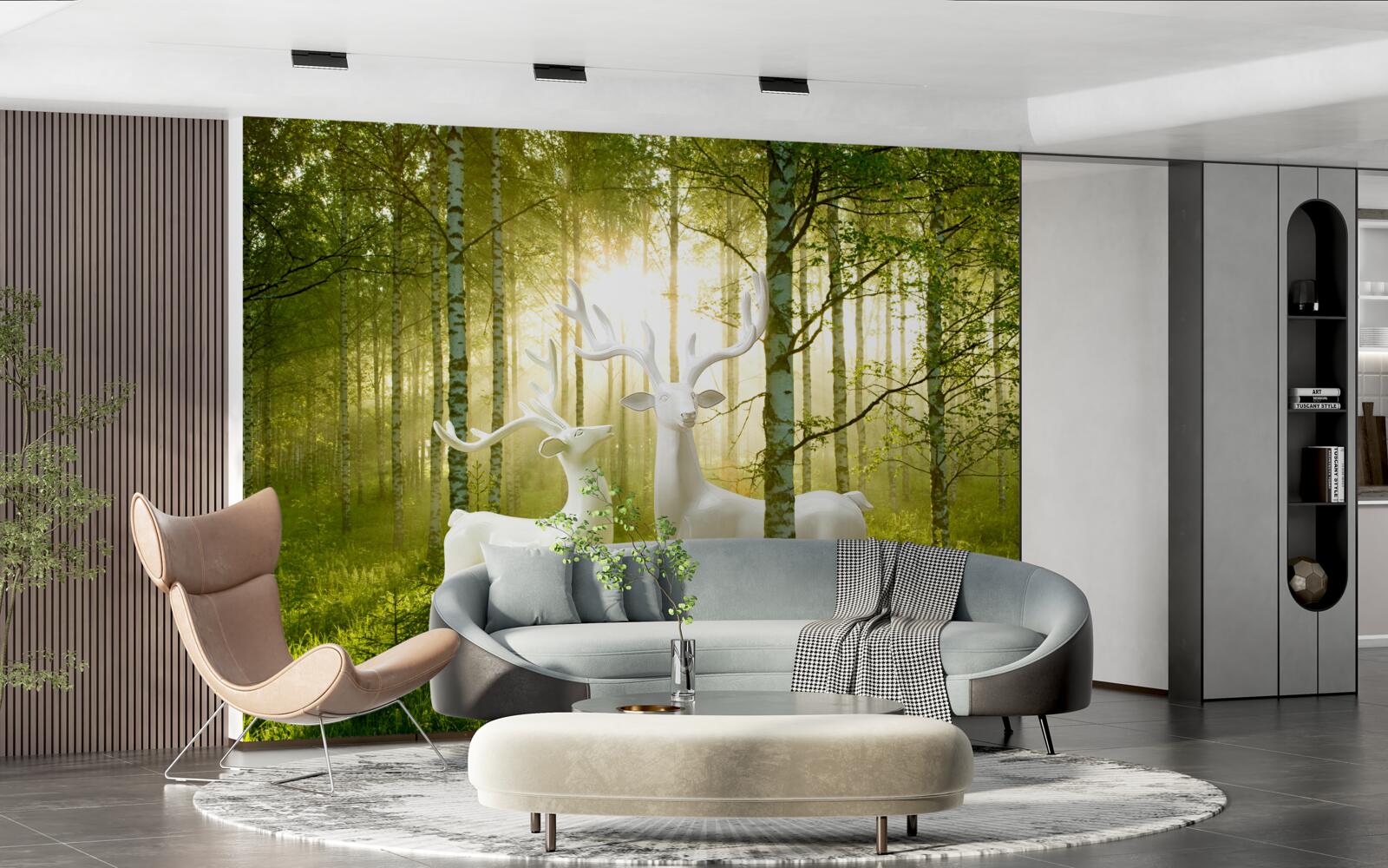 Fototapeta biały jeleń w zielonkawym lesie