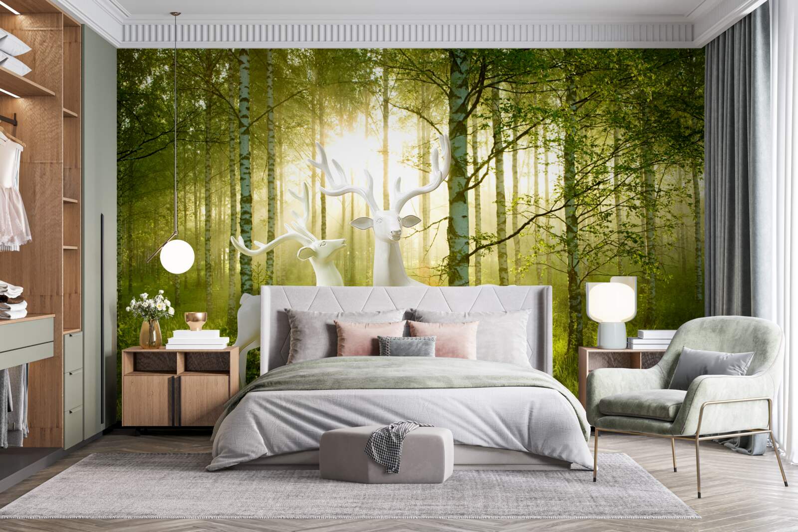 Fototapeta biały jeleń w zielonkawym lesie