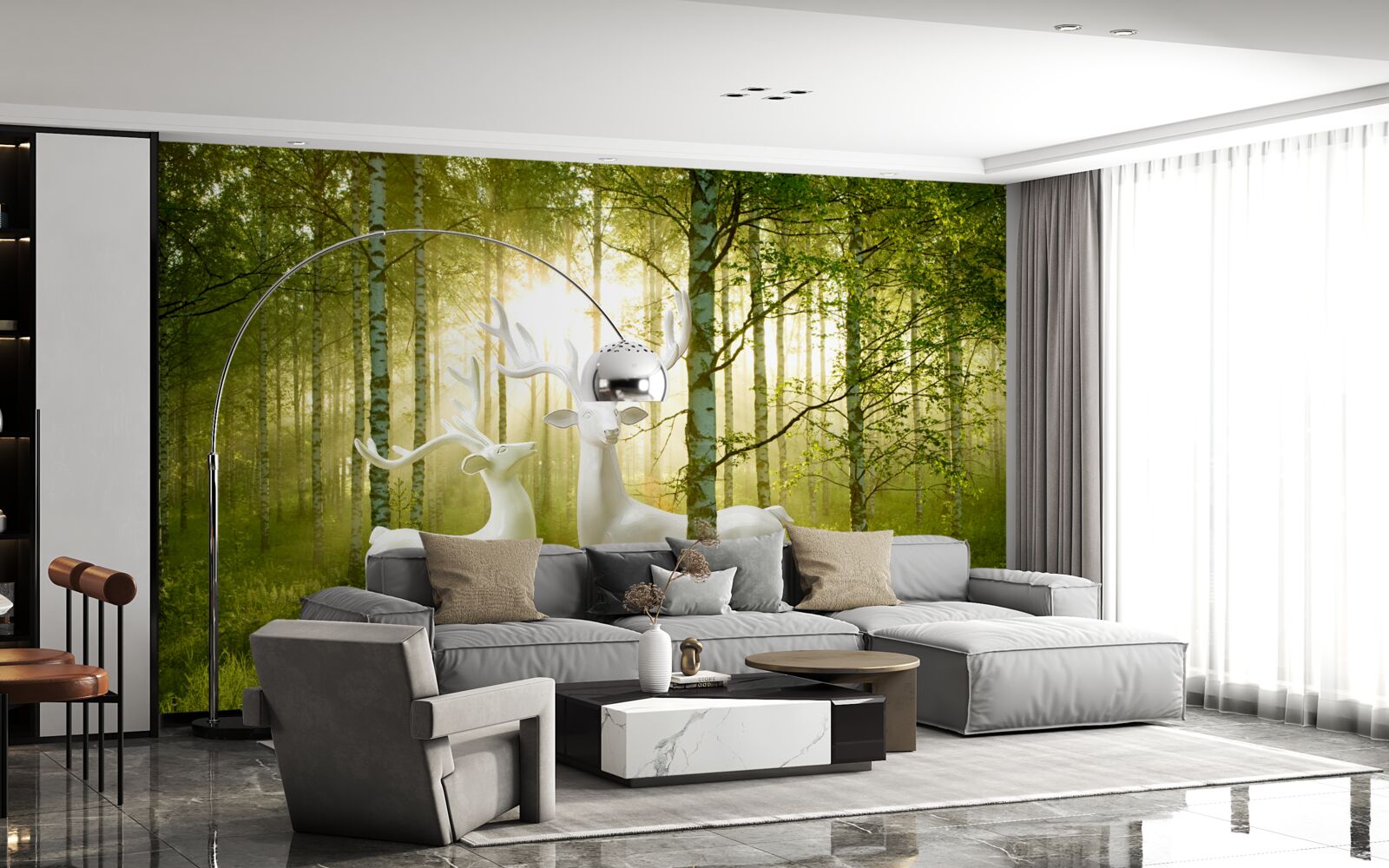 Fototapeta biały jeleń w zielonkawym lesie