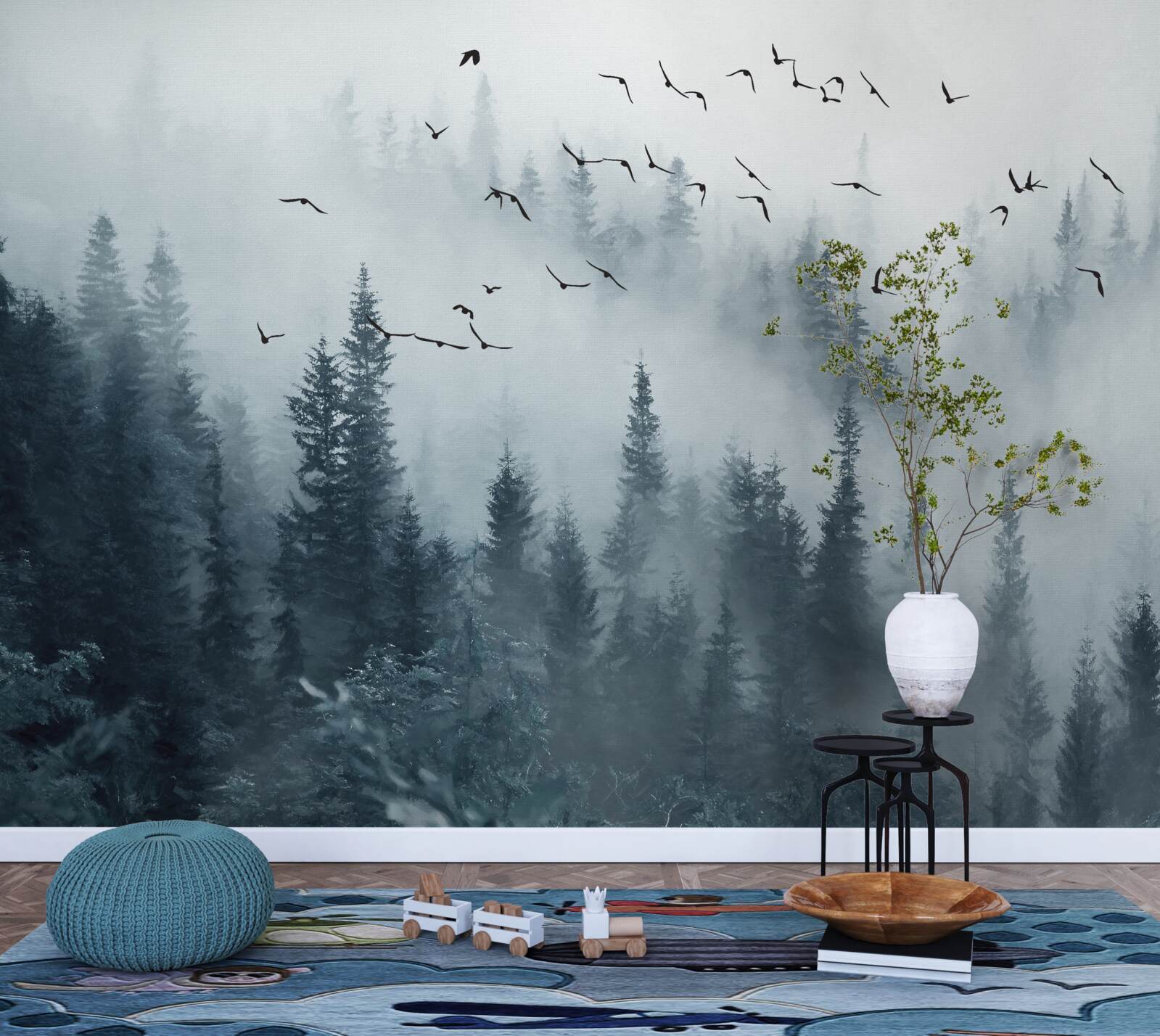 Fototapeta las otoczony mgłą pozostaje pod latającymi ptakami