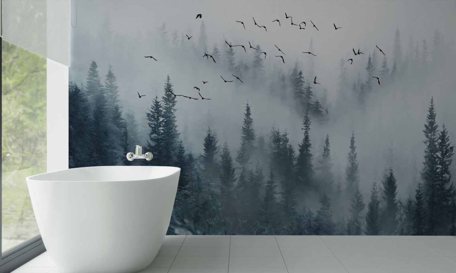 Fototapeta las otoczony mgłą pozostaje pod latającymi ptakami