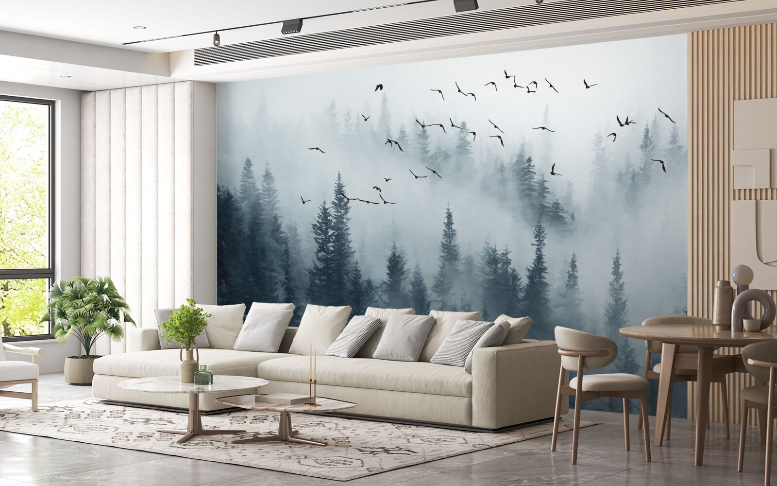 Fototapeta las otoczony mgłą pozostaje pod latającymi ptakami