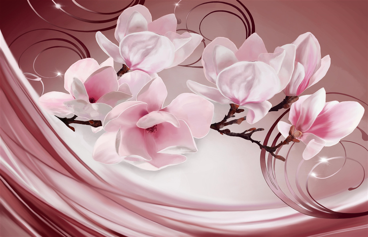 Fototapeta na różowym tle widać duże kwiaty w różowej tonacji