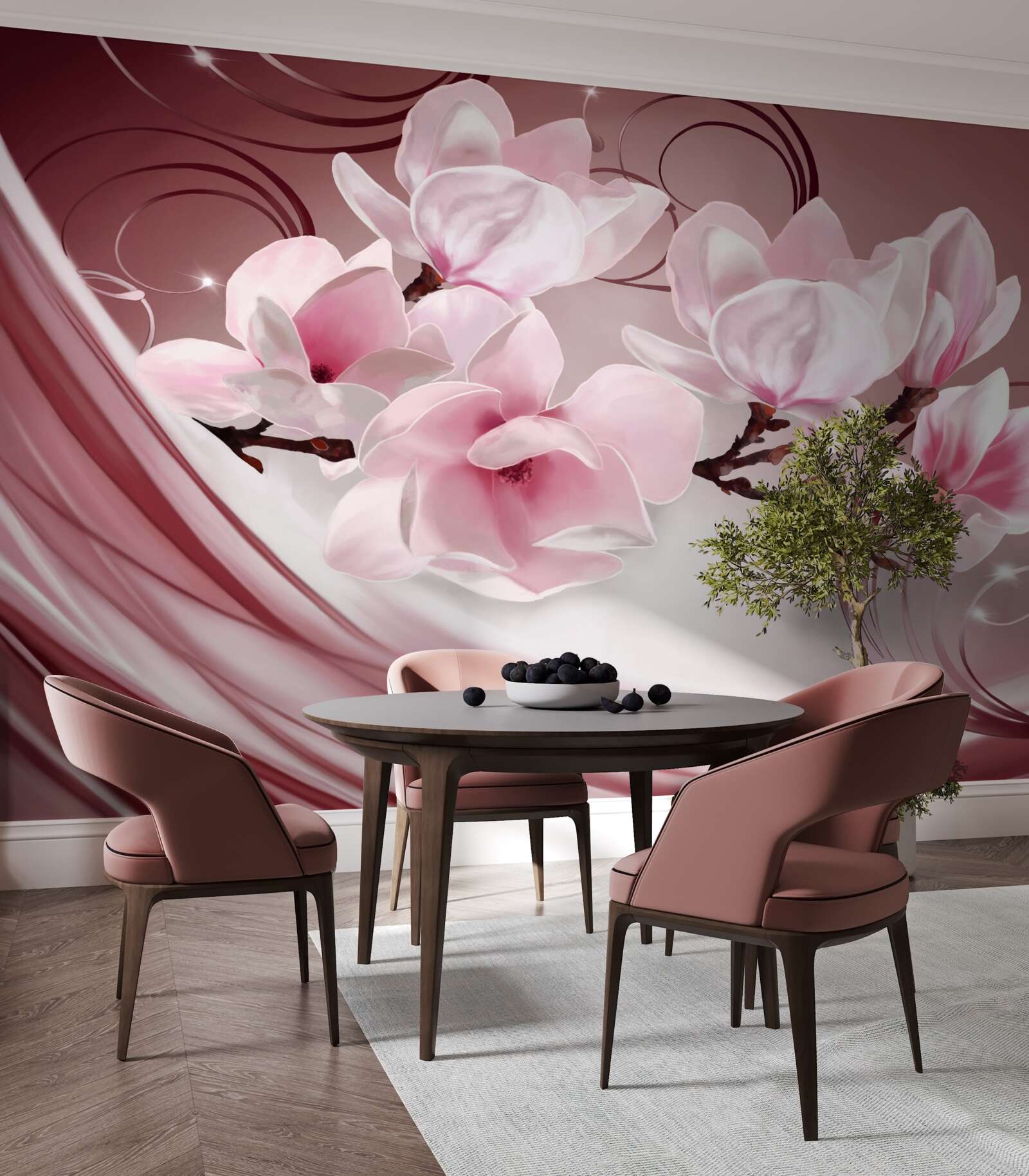 Fototapeta na różowym tle widać duże kwiaty w różowej tonacji