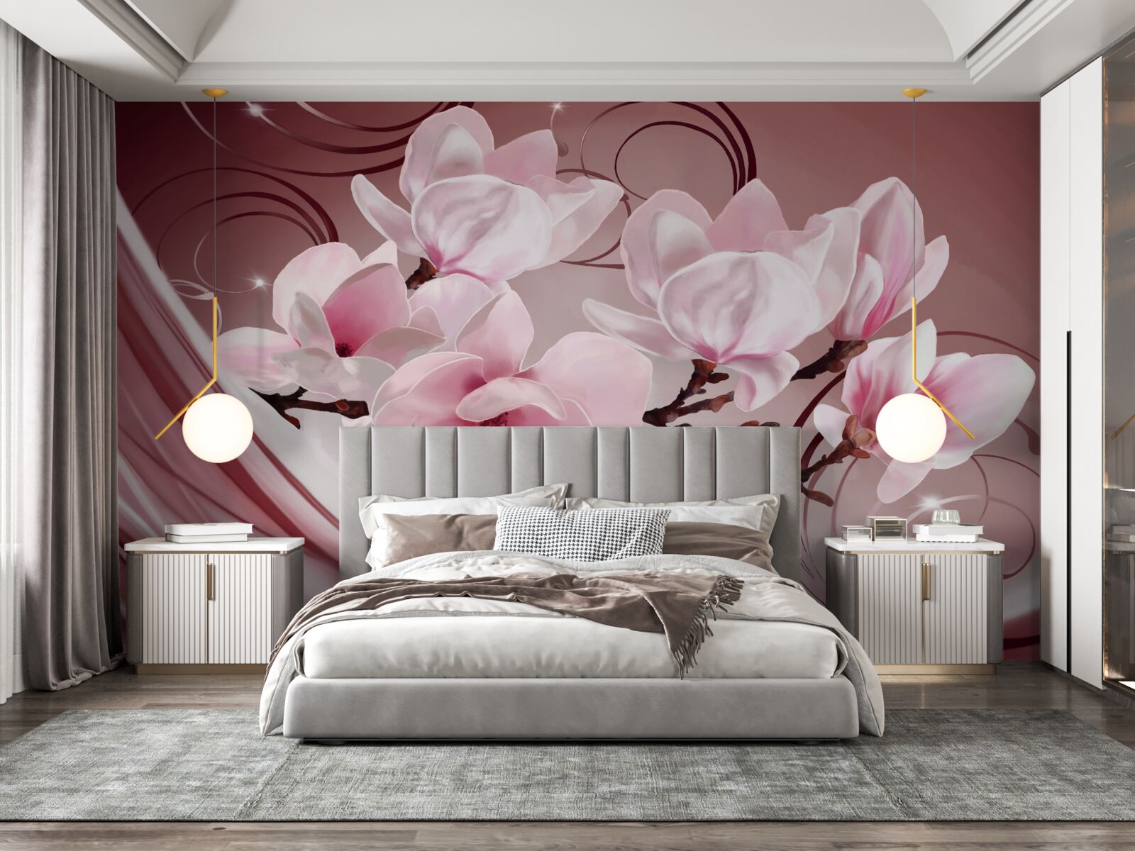 Fototapeta na różowym tle widać duże kwiaty w różowej tonacji