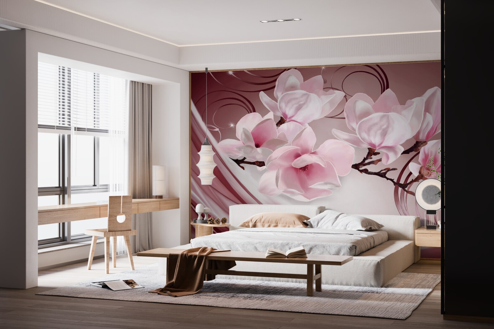 Fototapeta na różowym tle widać duże kwiaty w różowej tonacji