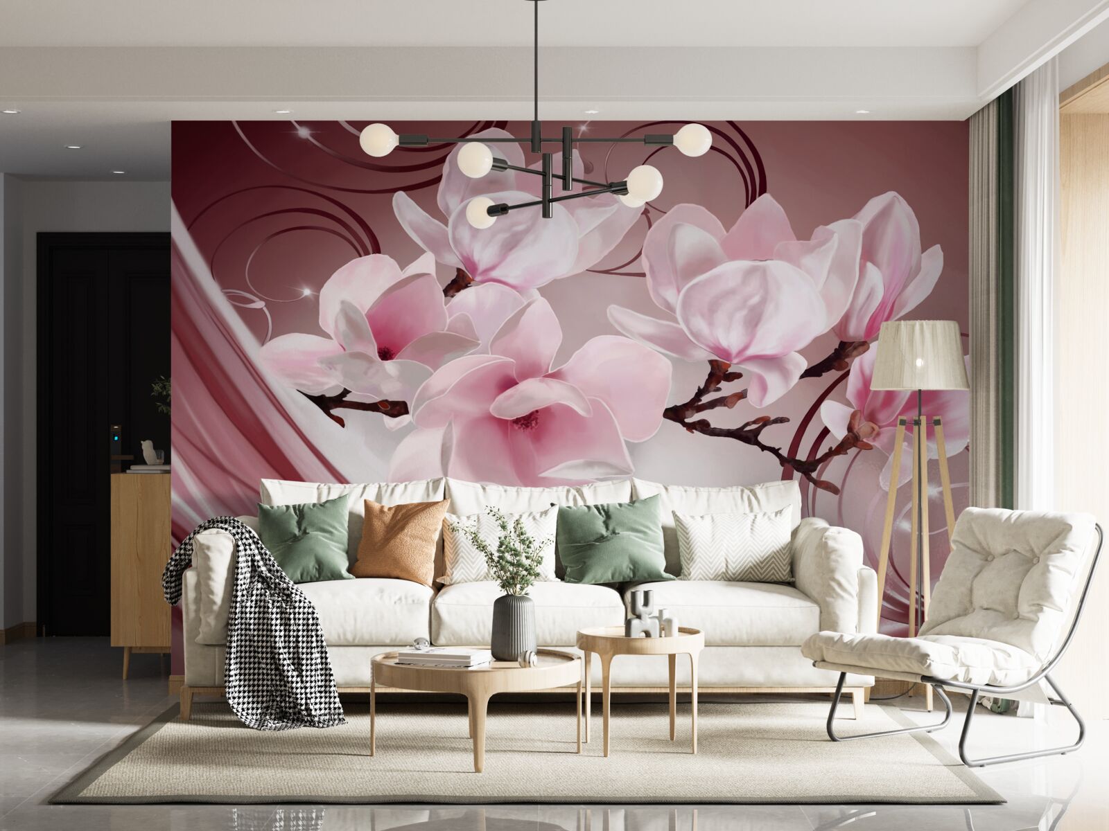 Fototapeta na różowym tle widać duże kwiaty w różowej tonacji