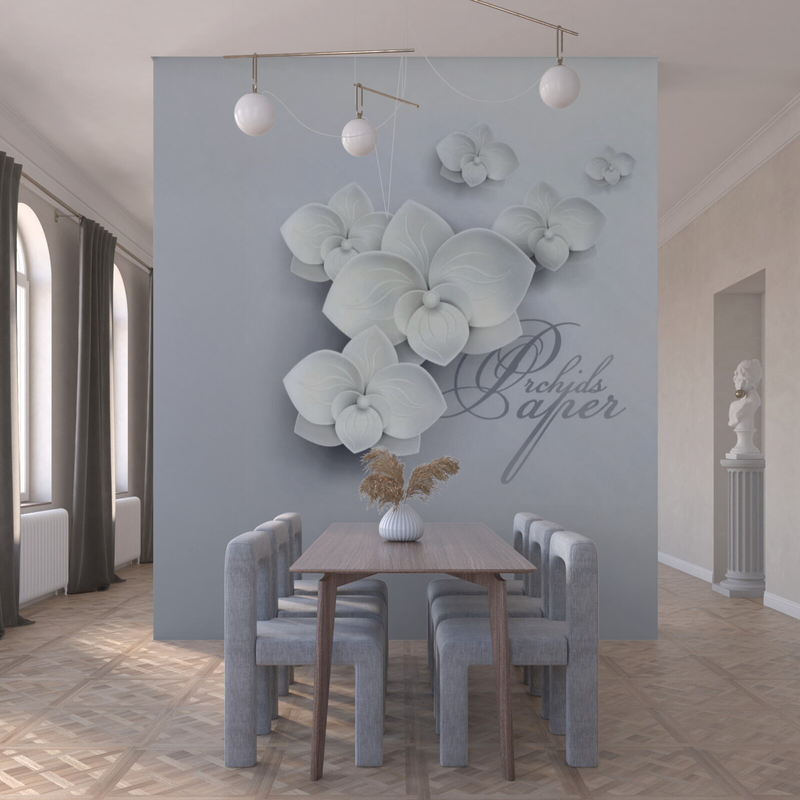 Fototapeta szare tło ozdobione jest białymi orchideami