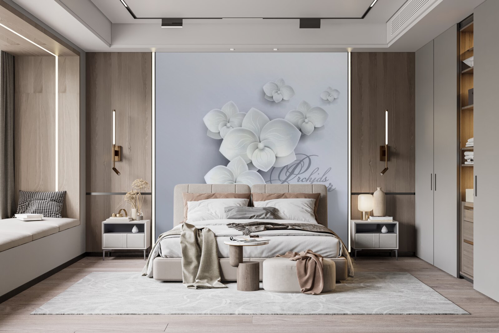 Fototapeta szare tło ozdobione jest białymi orchideami