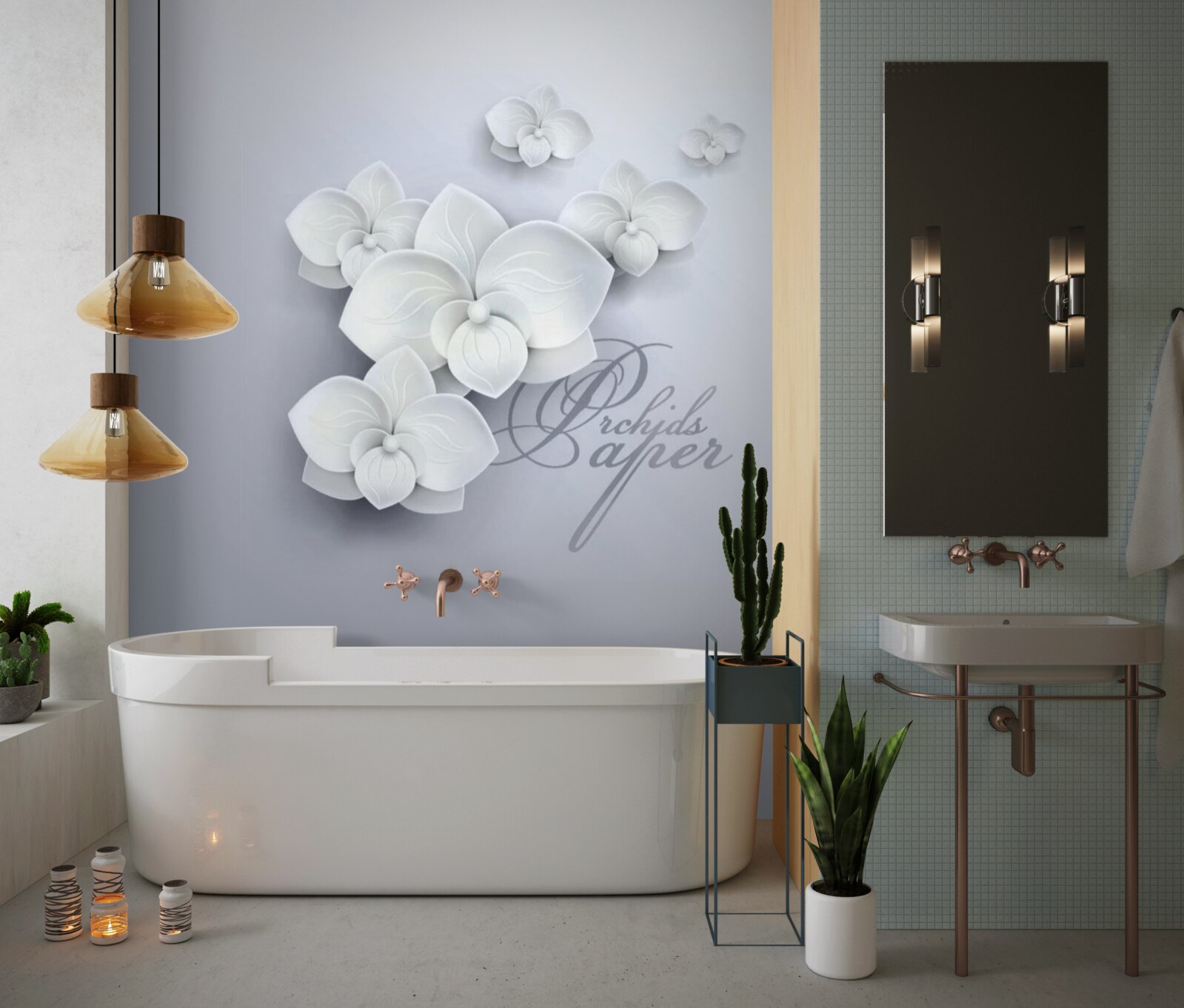 Fototapeta szare tło ozdobione jest białymi orchideami