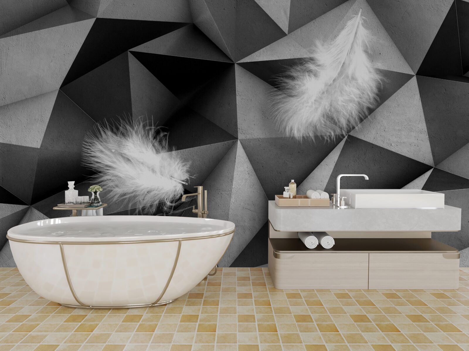 Fototapeta białe pióra i styl kubistyczny