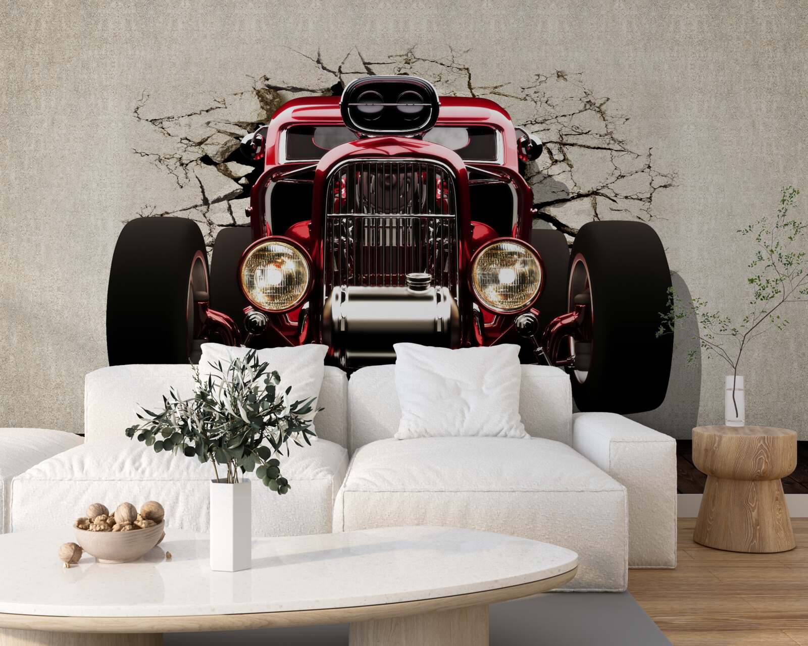 Fototapeta ze ściany wyjeżdża czerwony samochód