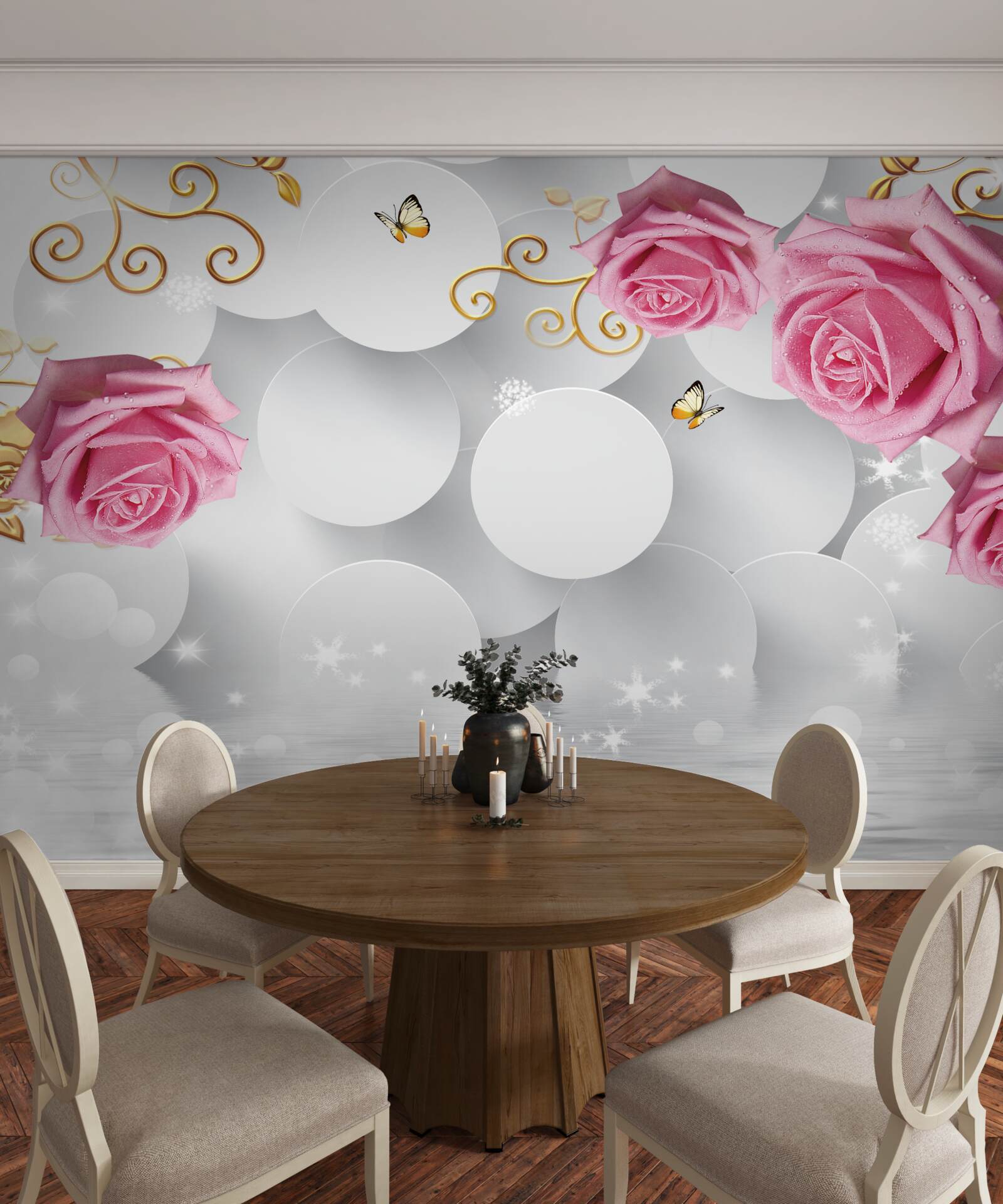 Fototapeta białe kółka obramowują różowe róże